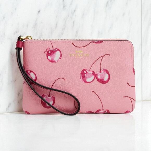 Coach Corner Zip Wristlet With Cherry Print in Pink CR819 - Picture 1 of 3
